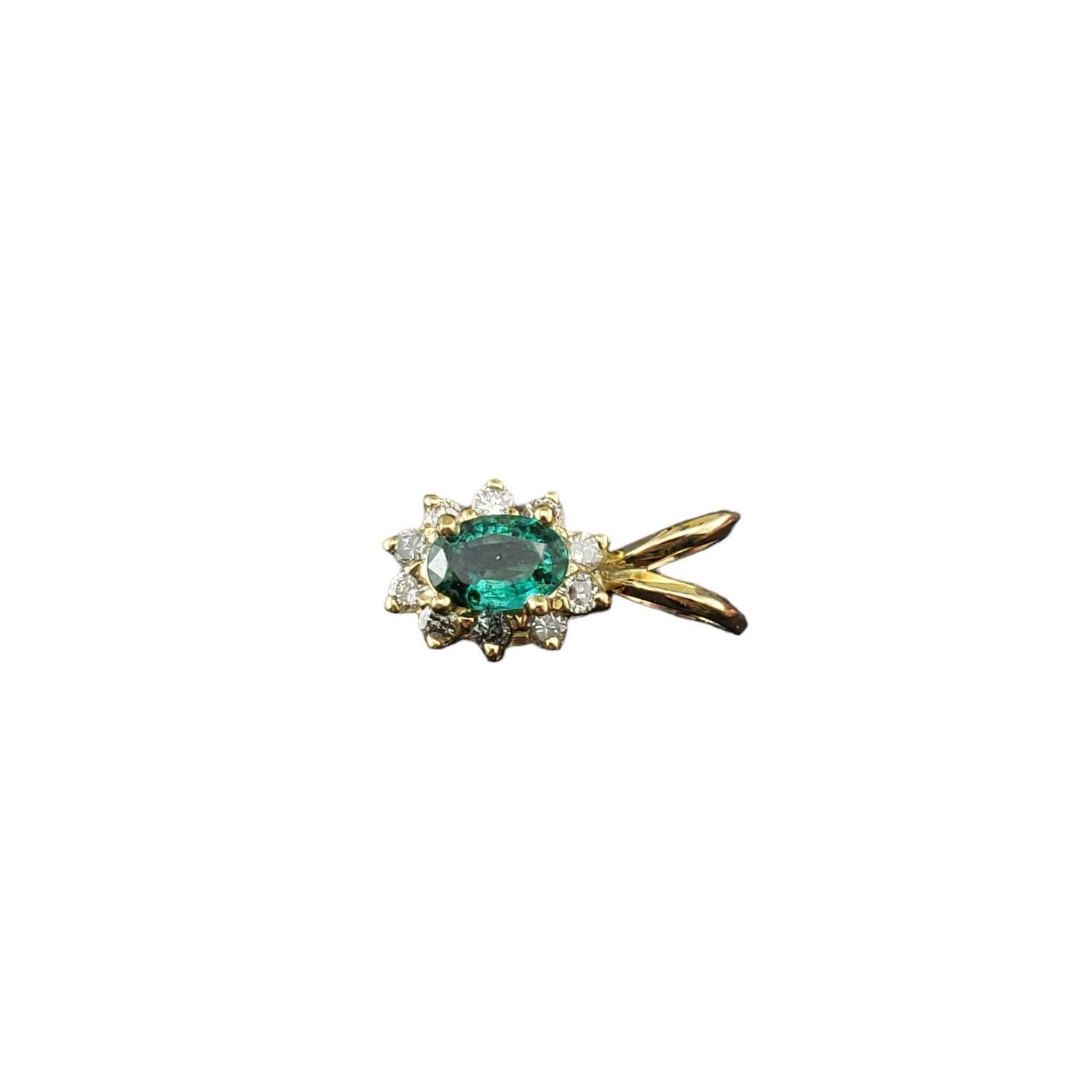 14 Karat Yellow Gold Emerald and Diamond Pendant

This lovely pendant features one oval natural emerald (6 mm x 4 mm) surrounded by ten round brilliant cut diamonds set in 14K yellow gold.

Approximate total diamond weight: .20 ct.

Diamond color: