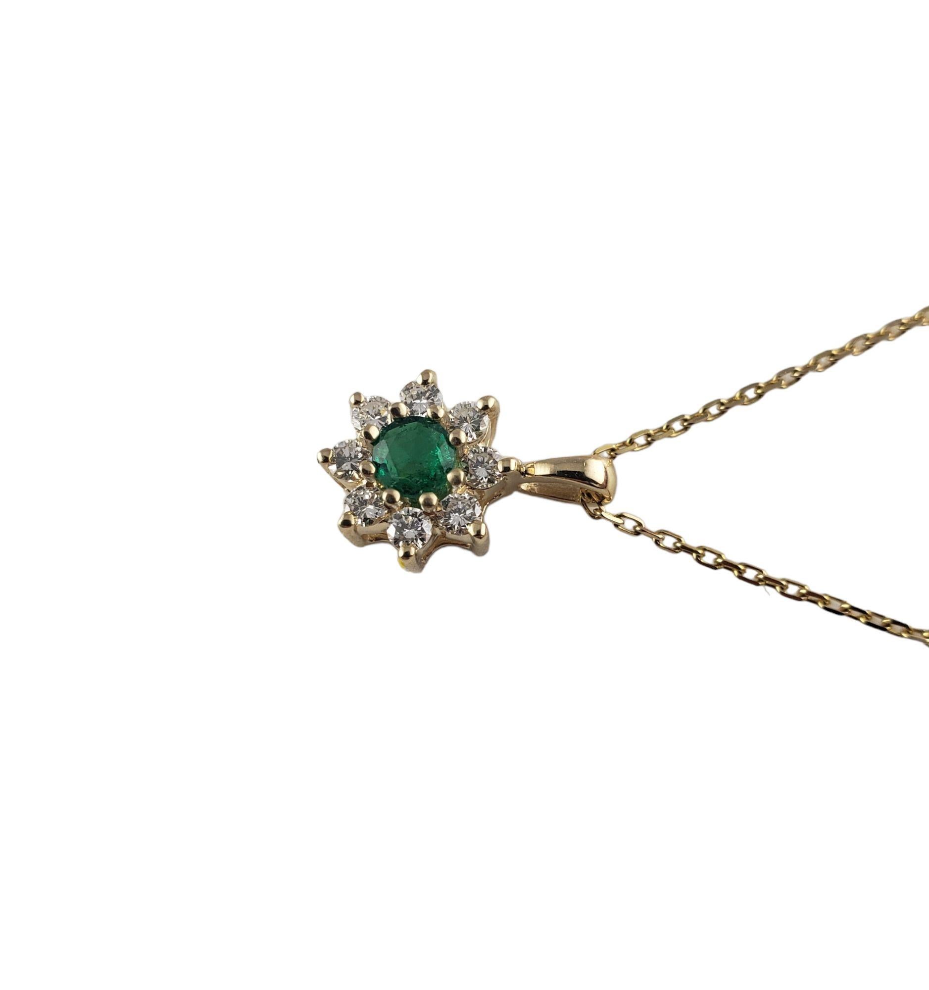 Round Cut 14 Karat Yellow Gold Emerald and Diamond Pendant Necklace #15694 For Sale