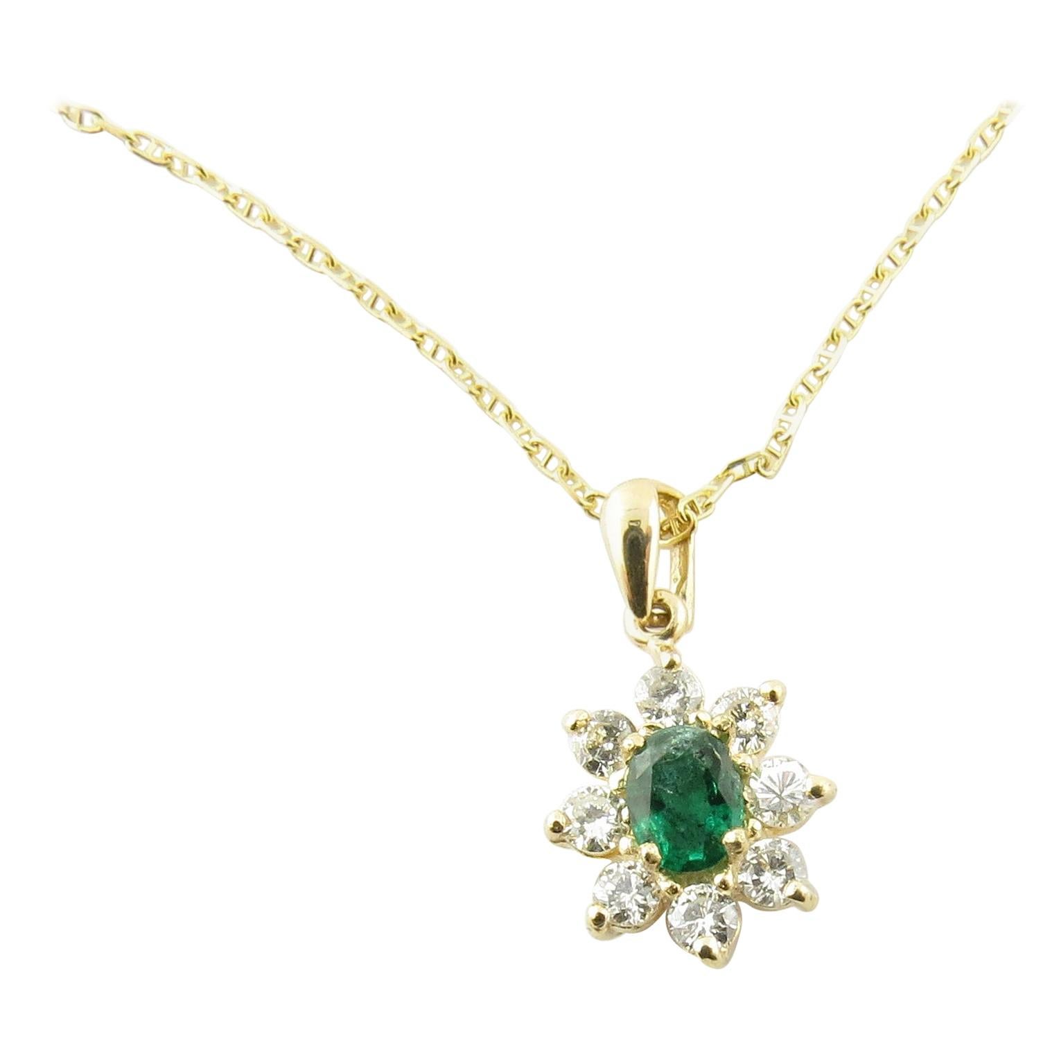 14 Karat Yellow Gold Emerald and Diamond Pendant Necklace