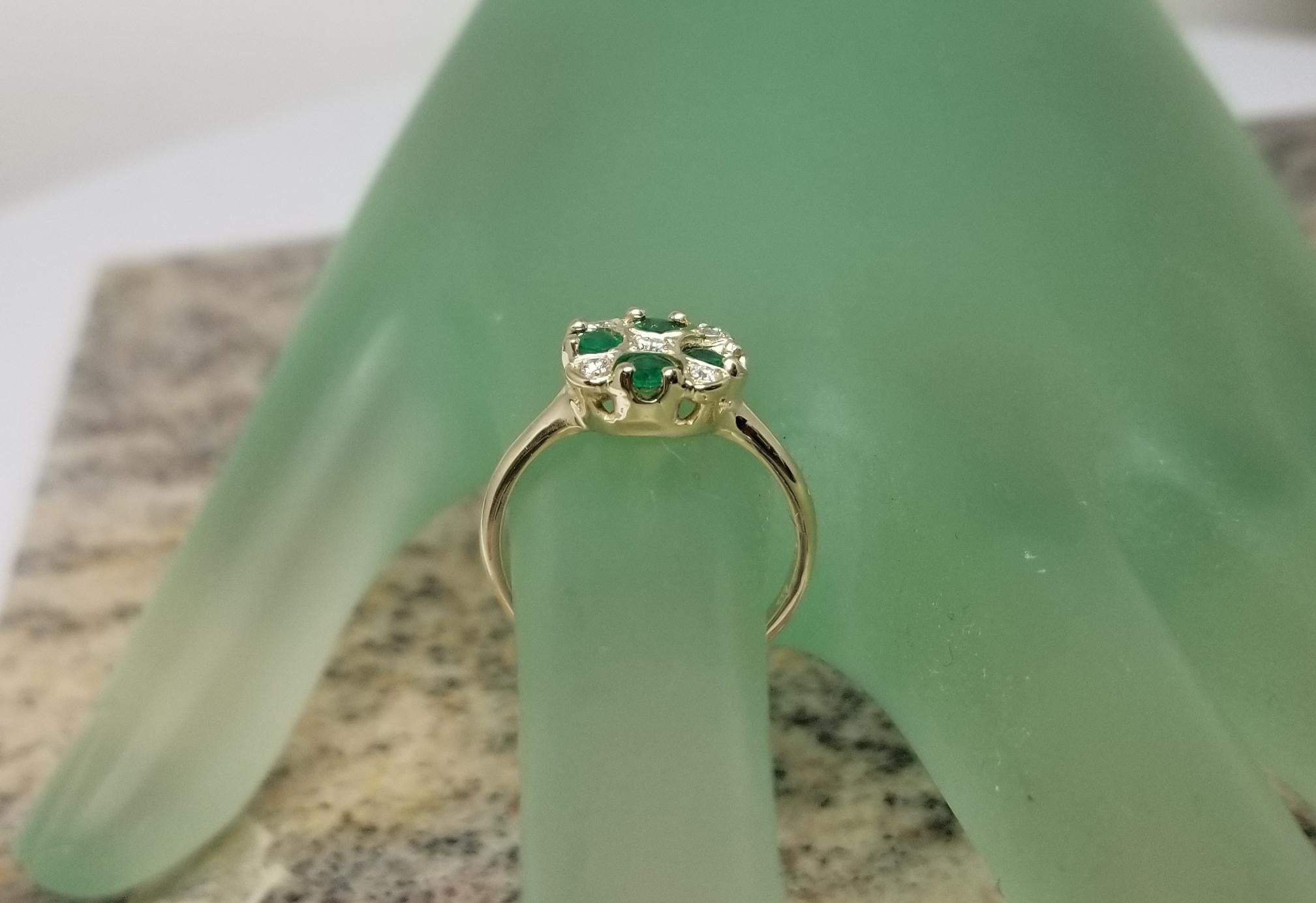 Round Cut 14 Karat Yellow Gold Emerald and Diamond Ring Art Deco Style Ring