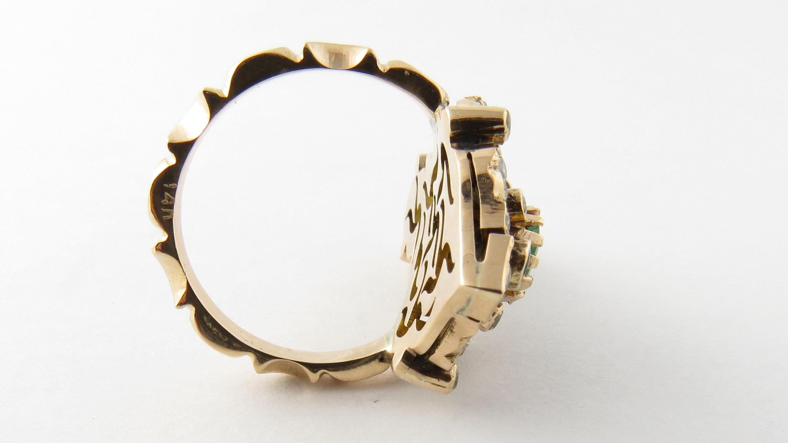 Women's 14 Karat Yellow Gold Natural Emerald and Diamond Ring For Sale
