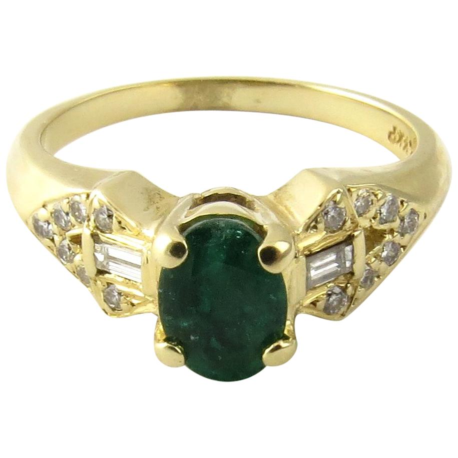 14 Karat Yellow Gold Emerald and Diamond Ring For Sale at 1stDibs