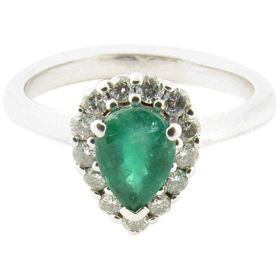 14 Karat White Gold Emerald and Diamond Ring For Sale