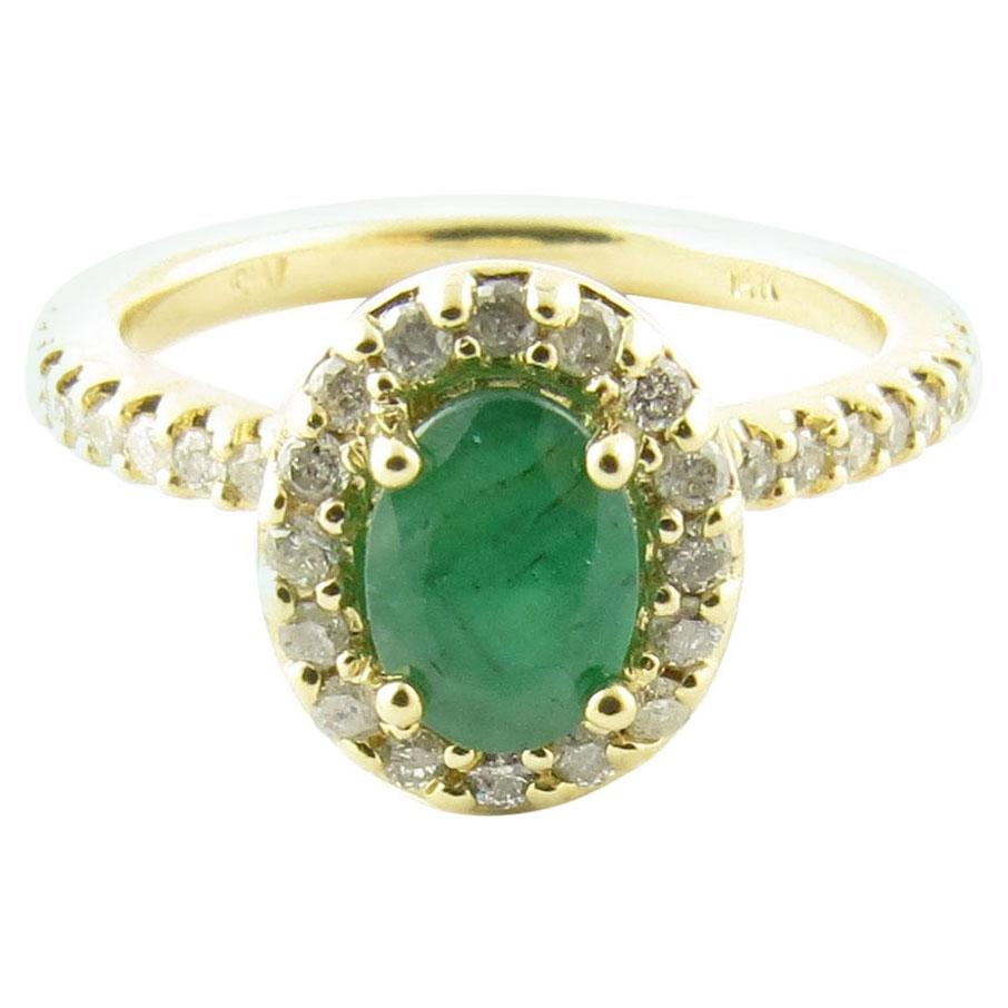 14 Karat Yellow Gold Emerald and Diamond Ring For Sale
