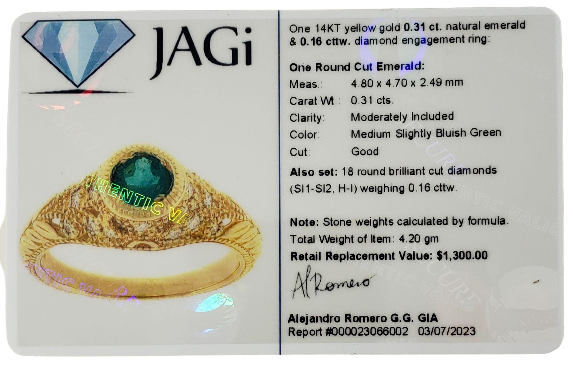 14 Karat Yellow Gold Emerald and Diamond Ring #14022 For Sale 1