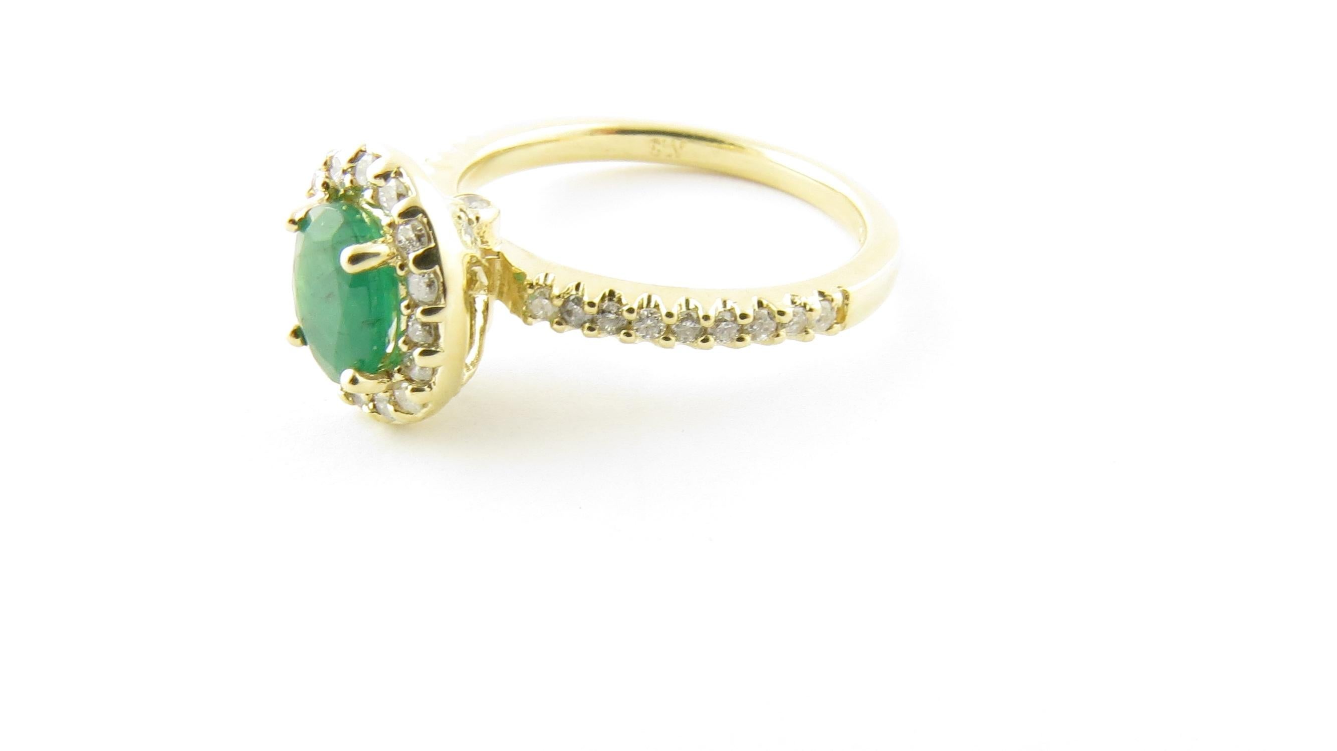 Vintage 14 Karat Yellow Gold Emerald and Diamond Ring 7

This lovely ring features one oval genuine emerald (7 mm x 5 mm) surrounded by 34 round brilliant cut diamonds set in classic 14K yellow gold. Shank measures 2 mm.

Approximate total diamond