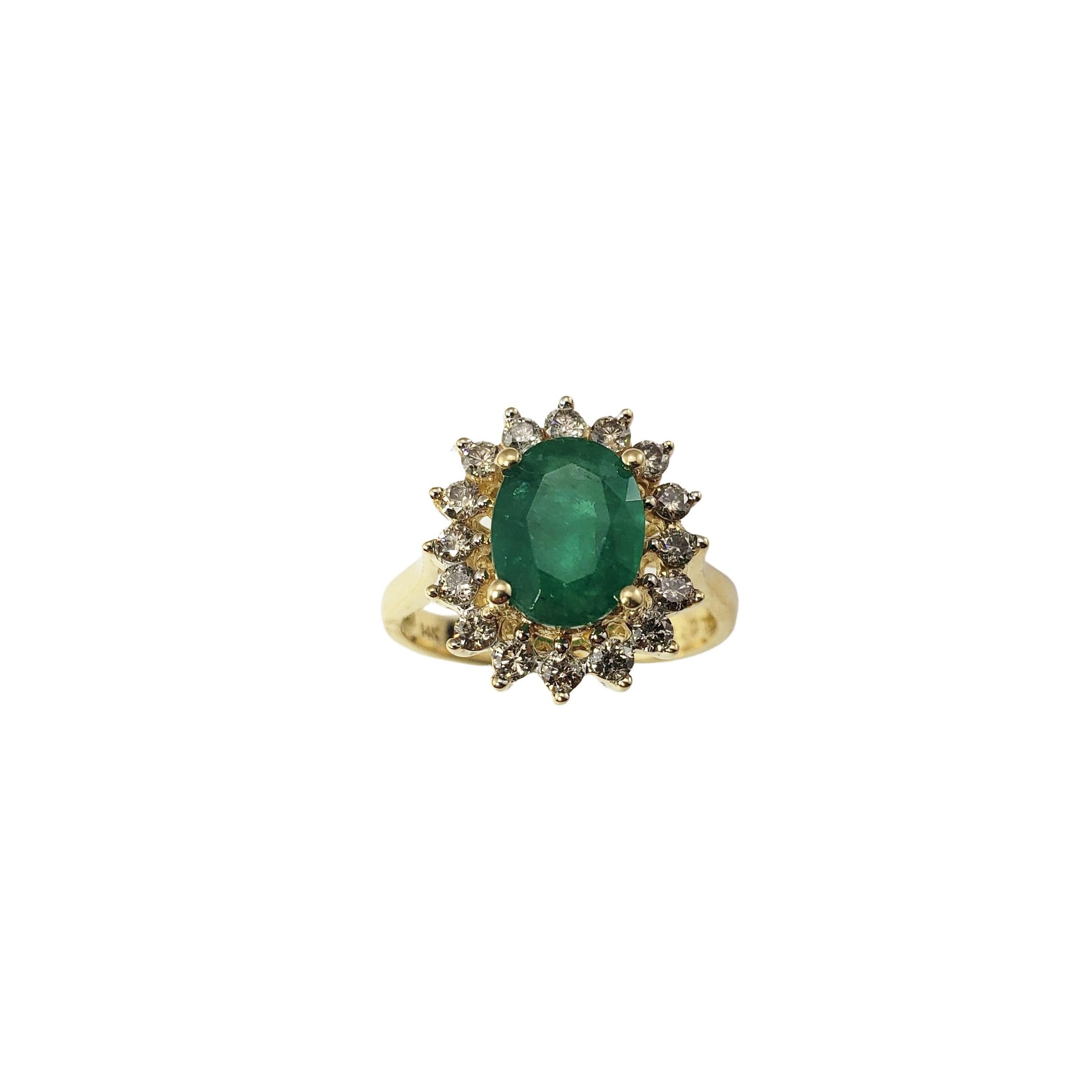 14 Karat Yellow Gold Natural Emerald and Diamond Ring Size 7 -

This stunning ring features one oval emerald (9 mm x 7 mm) surrounded by 16 round brilliant cut diamonds set in classic 14K yellow gold.  Top of ring measures 15 mm x 13 mm.  Shank:  3
