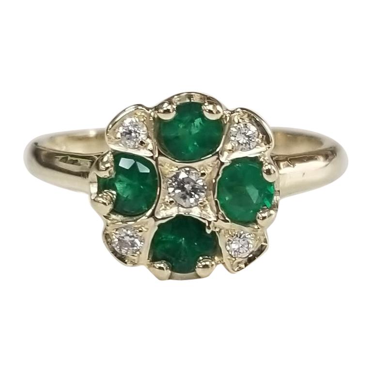 14 Karat Yellow Gold Emerald and Diamond Ring "The Cindy" Art Deco Style Ring For Sale