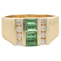 14 Karat Yellow Gold Emerald and Diamond Signet Style Ring