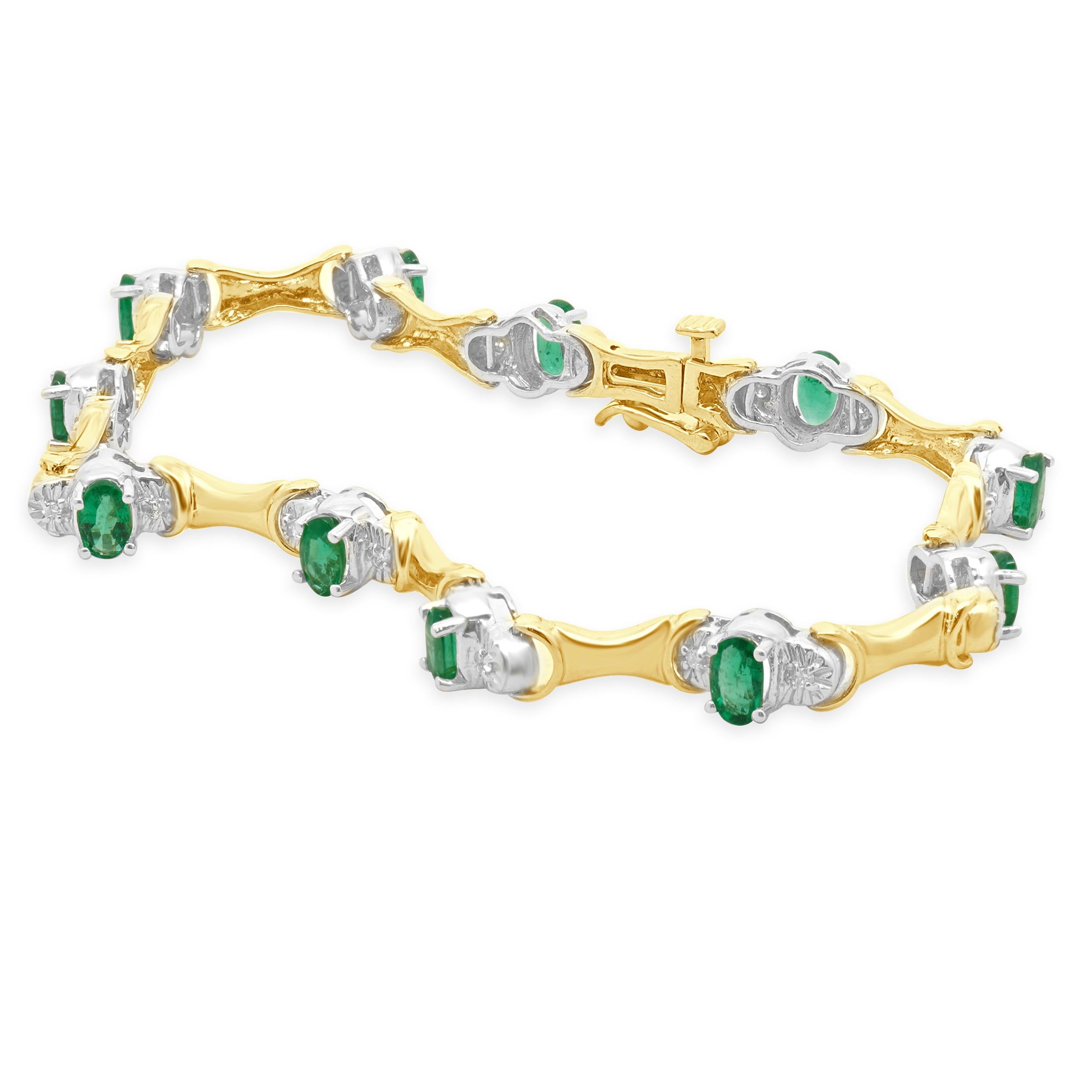 Designer: custom
Material: 14K yellow gold
Diamond: 24 round brilliant cut = 0.07cttw
Color: G
Clarity: SI1
Dimensions: bracelet will fit up to a 7.25-inch wrist
Weight: 10.10 grams