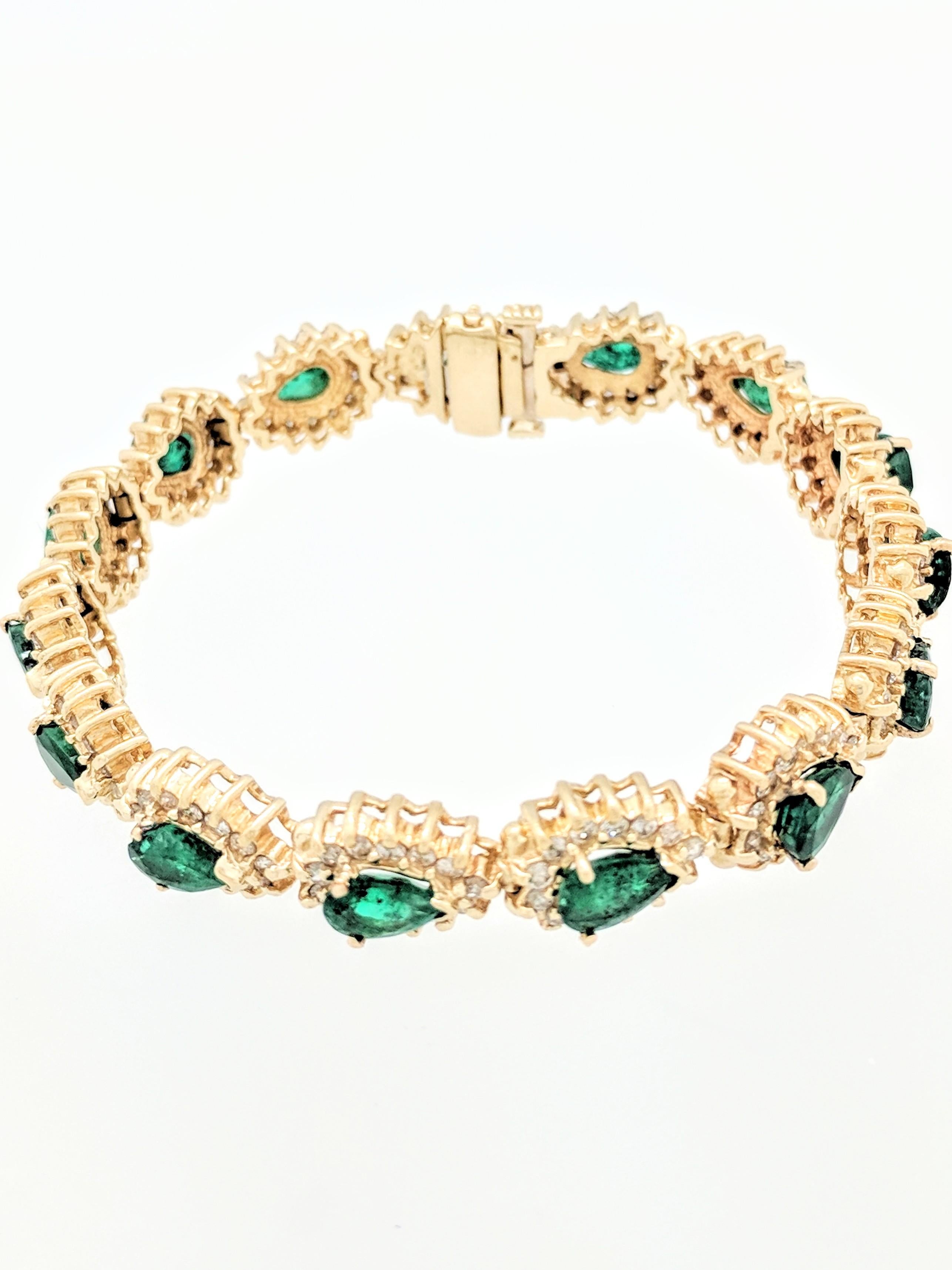 Art Deco 14 Karat Yellow Gold Emerald and Diamond Tennis Bracelet