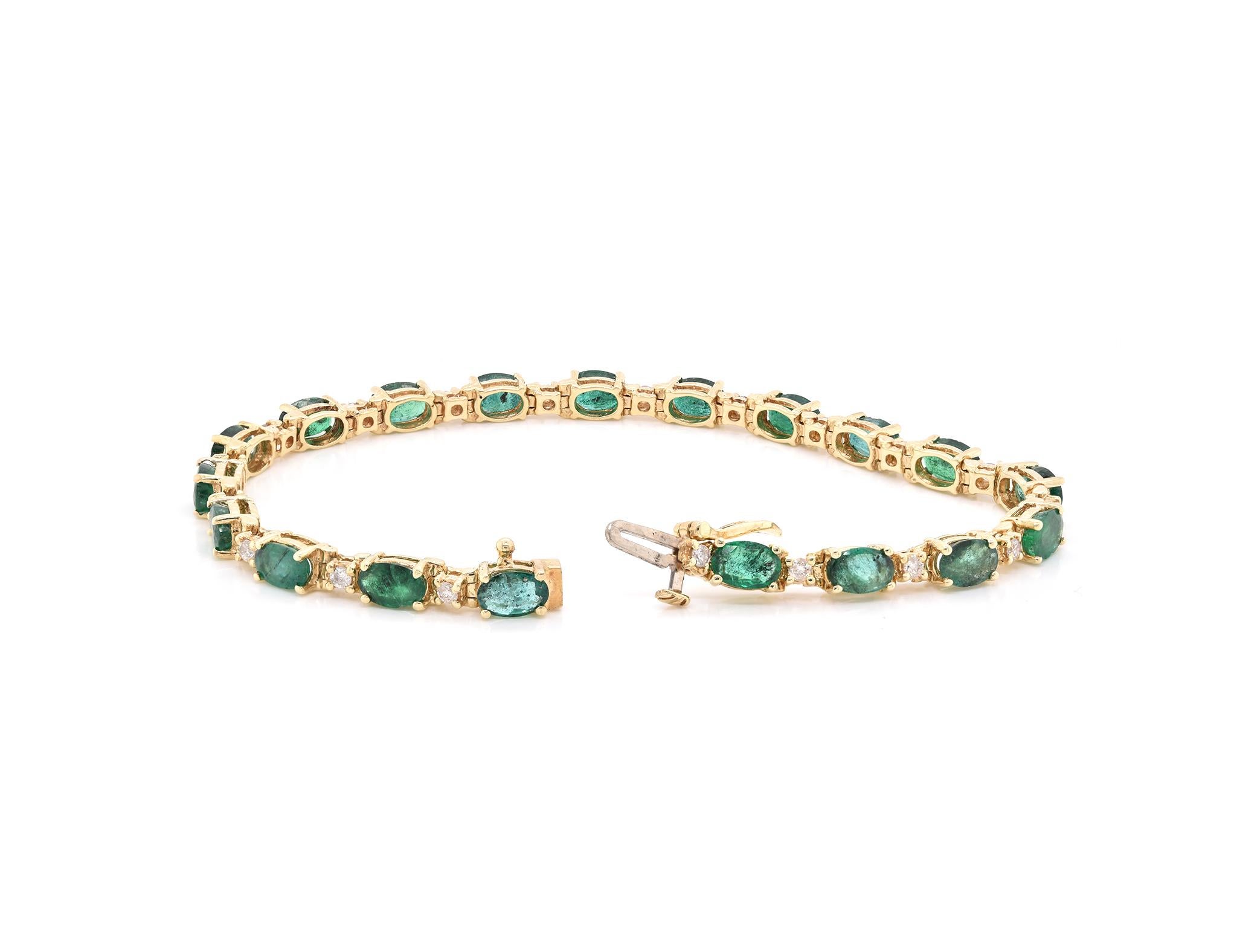 Round Cut 14 Karat Yellow Gold Emerald and Diamond Tennis Bracelet