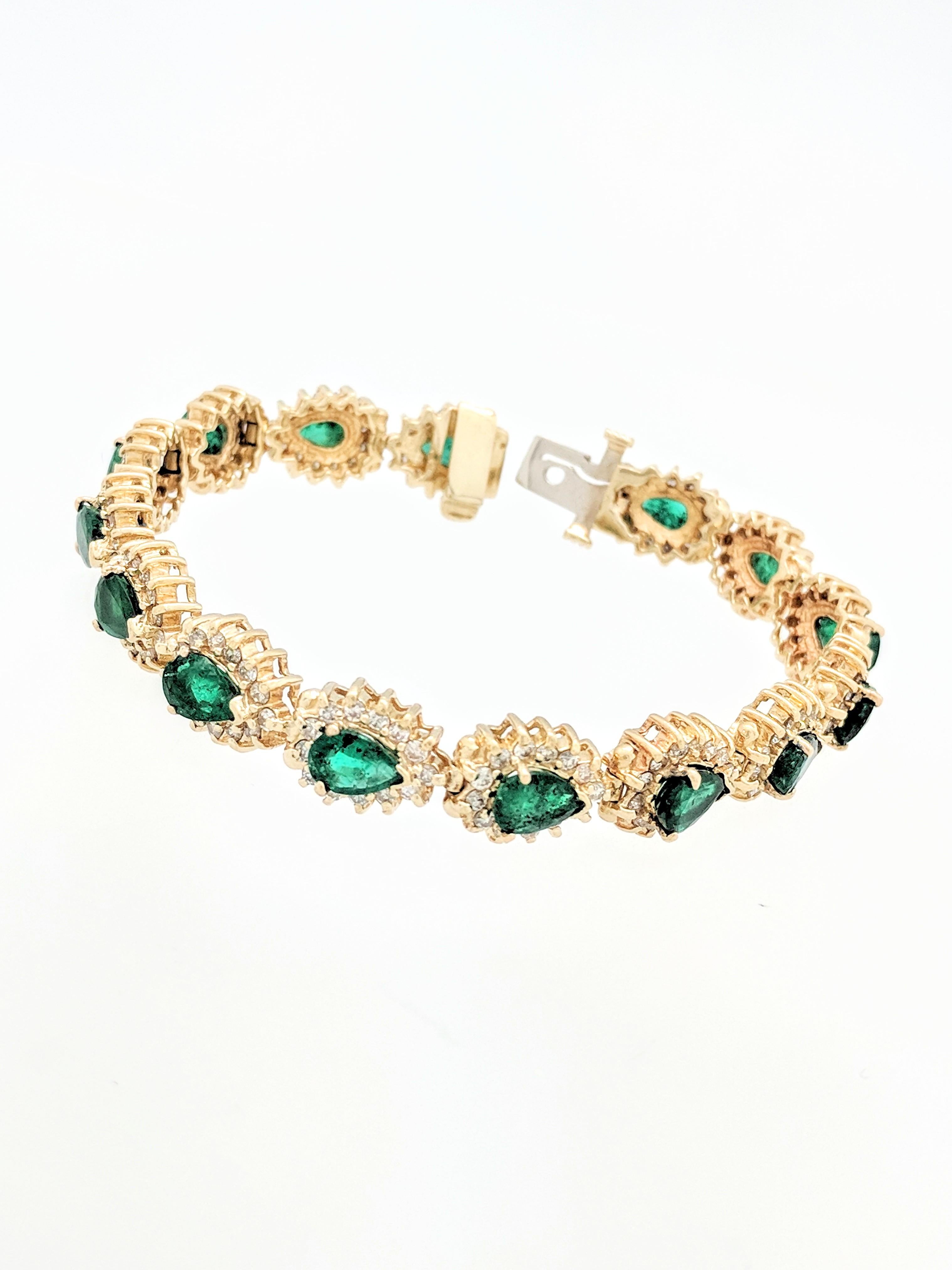 Pear Cut 14 Karat Yellow Gold Emerald and Diamond Tennis Bracelet