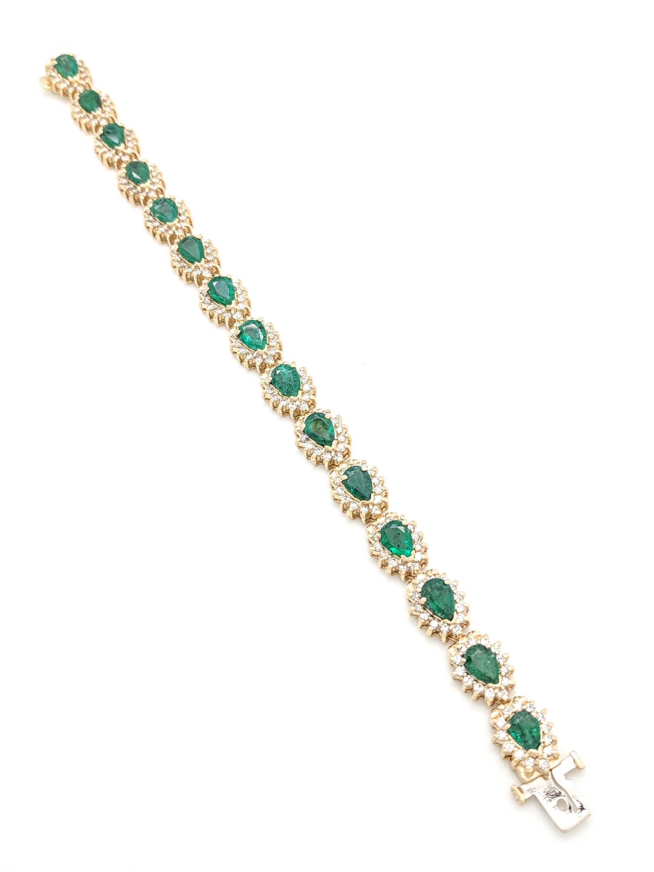 14 Karat Yellow Gold Emerald and Diamond Tennis Bracelet 1