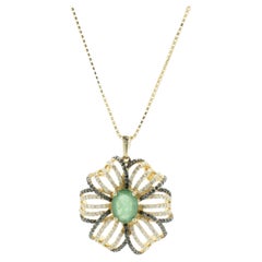 14 Karat Yellow Gold Emerald and Multi Colored Diamond Flower Necklace