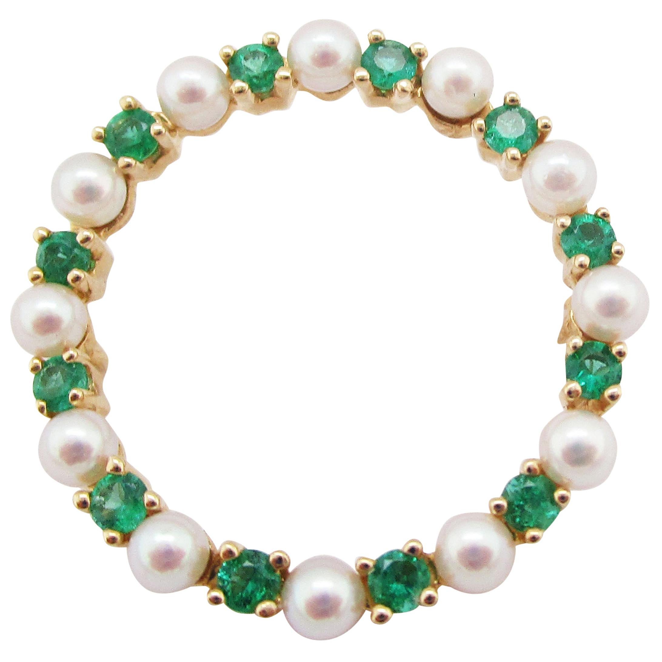 14 Karat Yellow Gold Emerald and Pearl Circle Pin For Sale