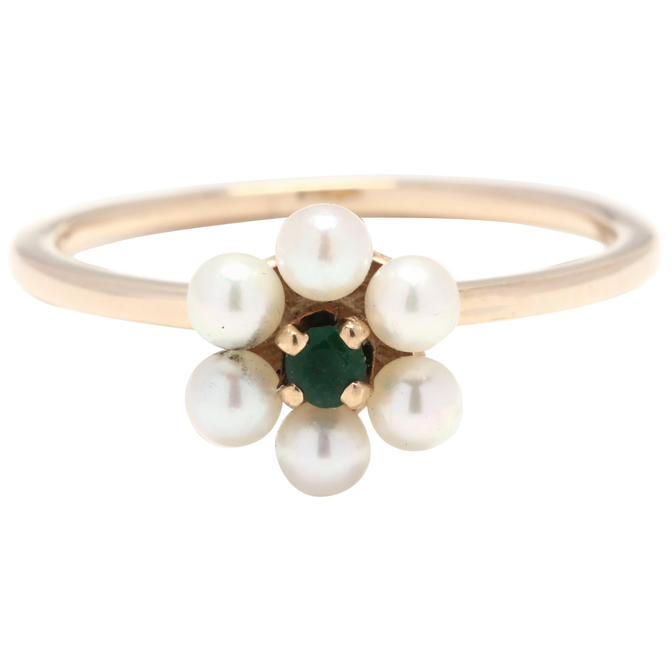 14 Karat Yellow Gold, Emerald and Pearl Flower Ring