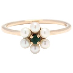 14 Karat Yellow Gold, Emerald and Pearl Flower Ring