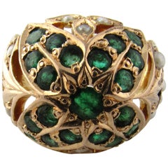 14 Karat Yellow Gold Emerald and Pearl Ring