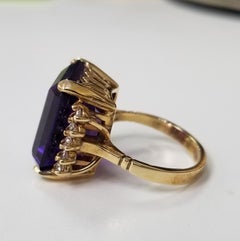 14 Karat Yellow Gold Emerald Cut Amethyst and Diamond Ring
