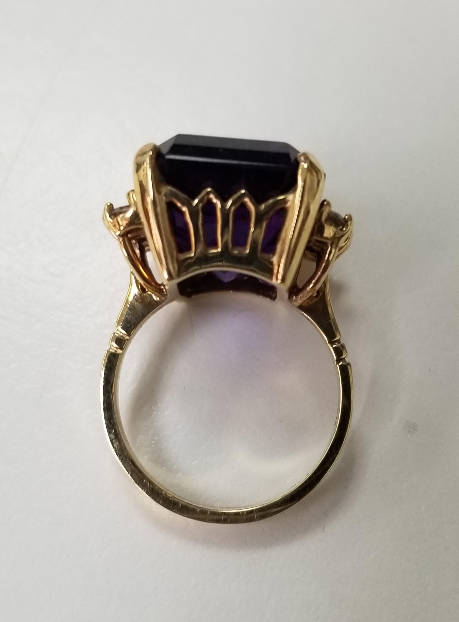 Contemporary 14 Karat Yellow Gold Emerald Cut Amethyst and Diamond Ring For Sale