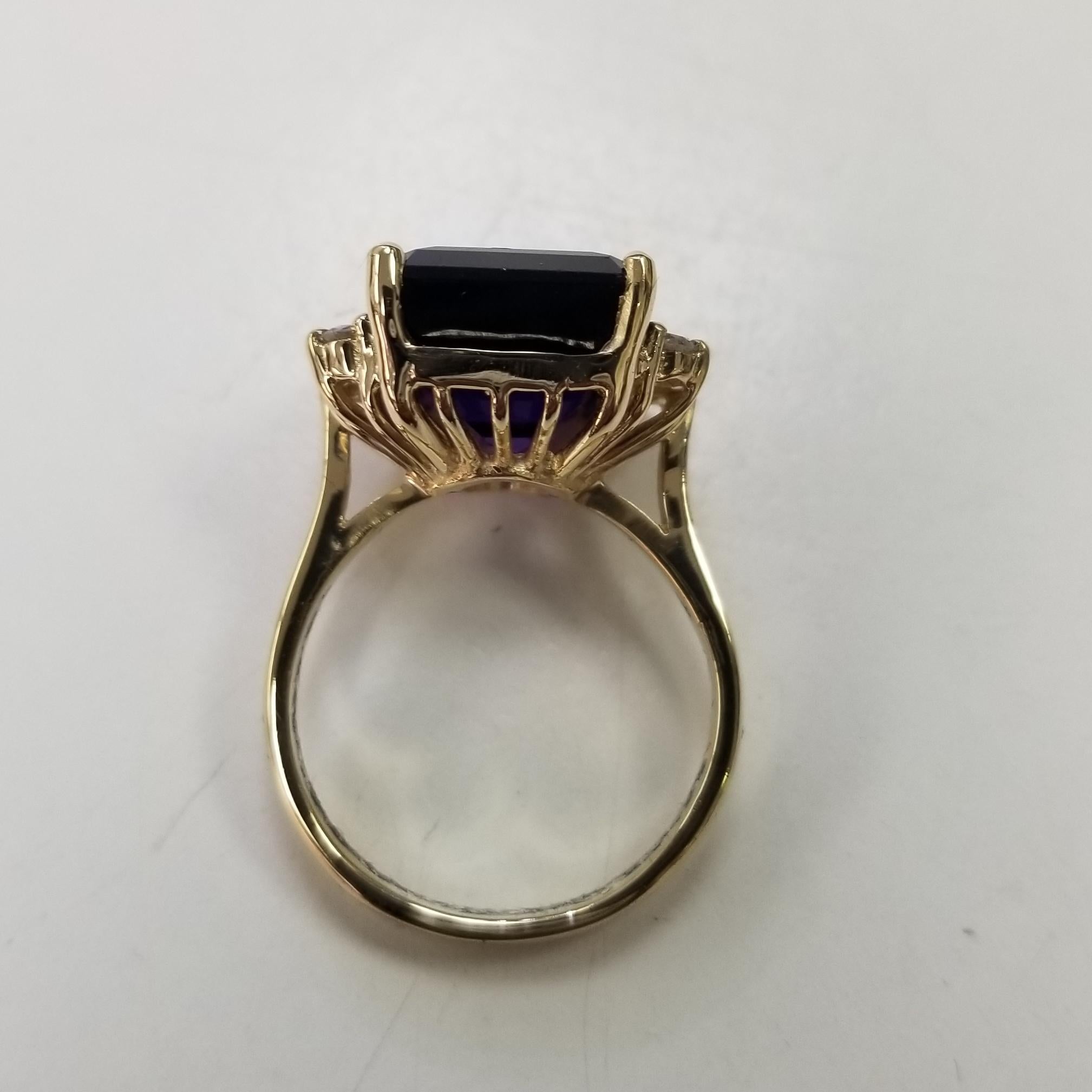 Contemporary 14 Karat Yellow Gold Emerald Cut Amethyst and Diamond Ring For Sale