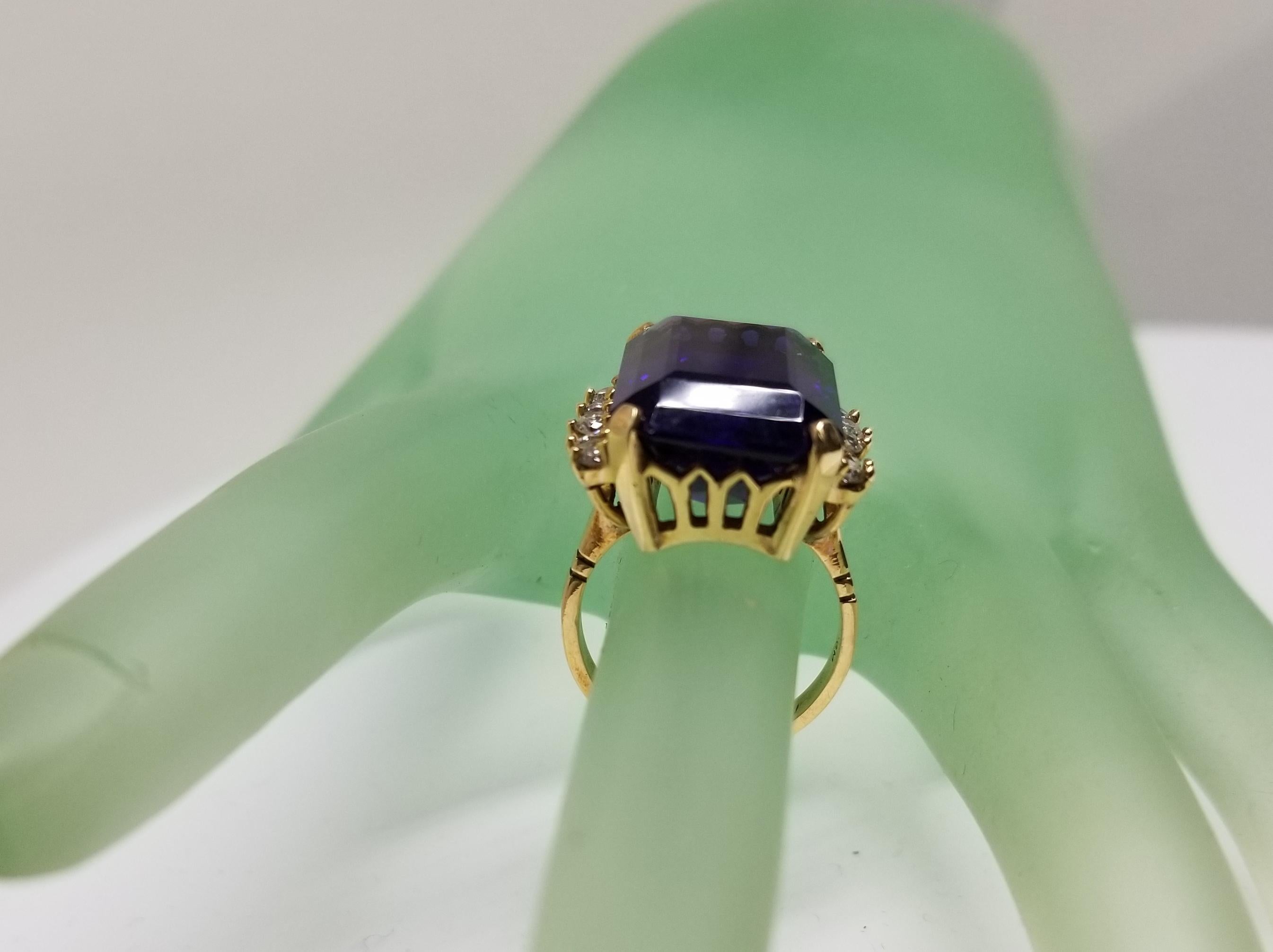 Women's 14 Karat Yellow Gold Emerald Cut Amethyst and Diamond Ring For Sale