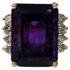 14 Karat Yellow Gold Emerald Cut Amethyst and Diamond Ring