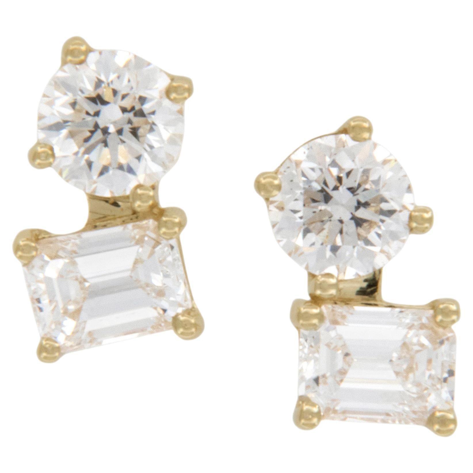 14 Karat Yellow Gold Emerald Cut and Round Brilliant Cut Diamond Stud Earrings For Sale