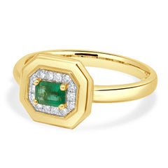14 Karat Yellow Gold Emerald Cut Diamond and Round Diamond Halo Octagonal Ring