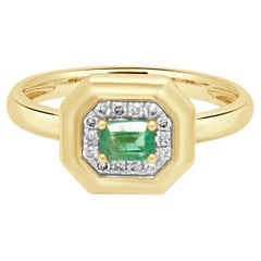 14 Karat Yellow Gold Emerald Cut Diamond and Round Diamond Halo Octagonal Ring