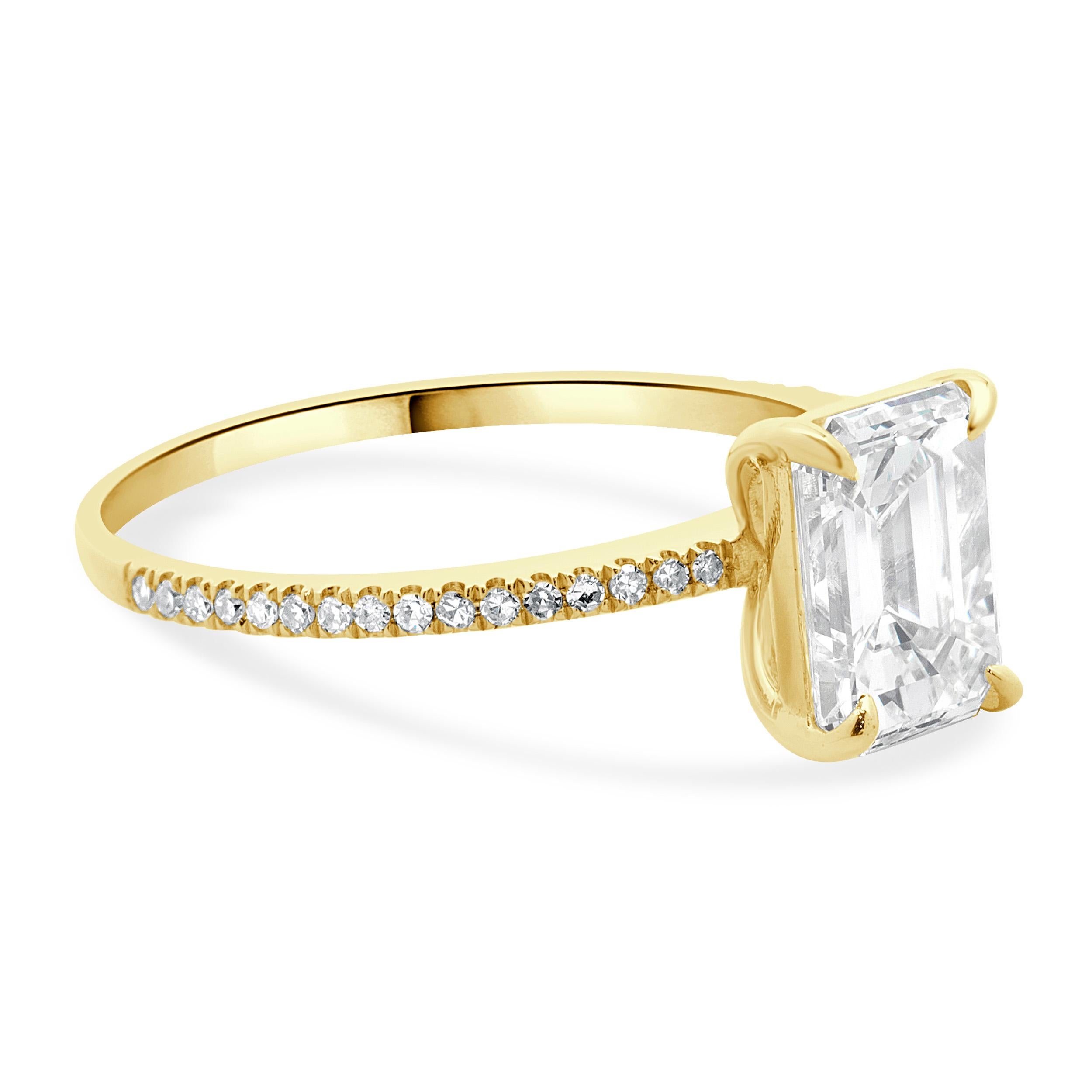 Women's 14 Karat Yellow Gold Emerald Cut Diamond Engagement Ring For Sale