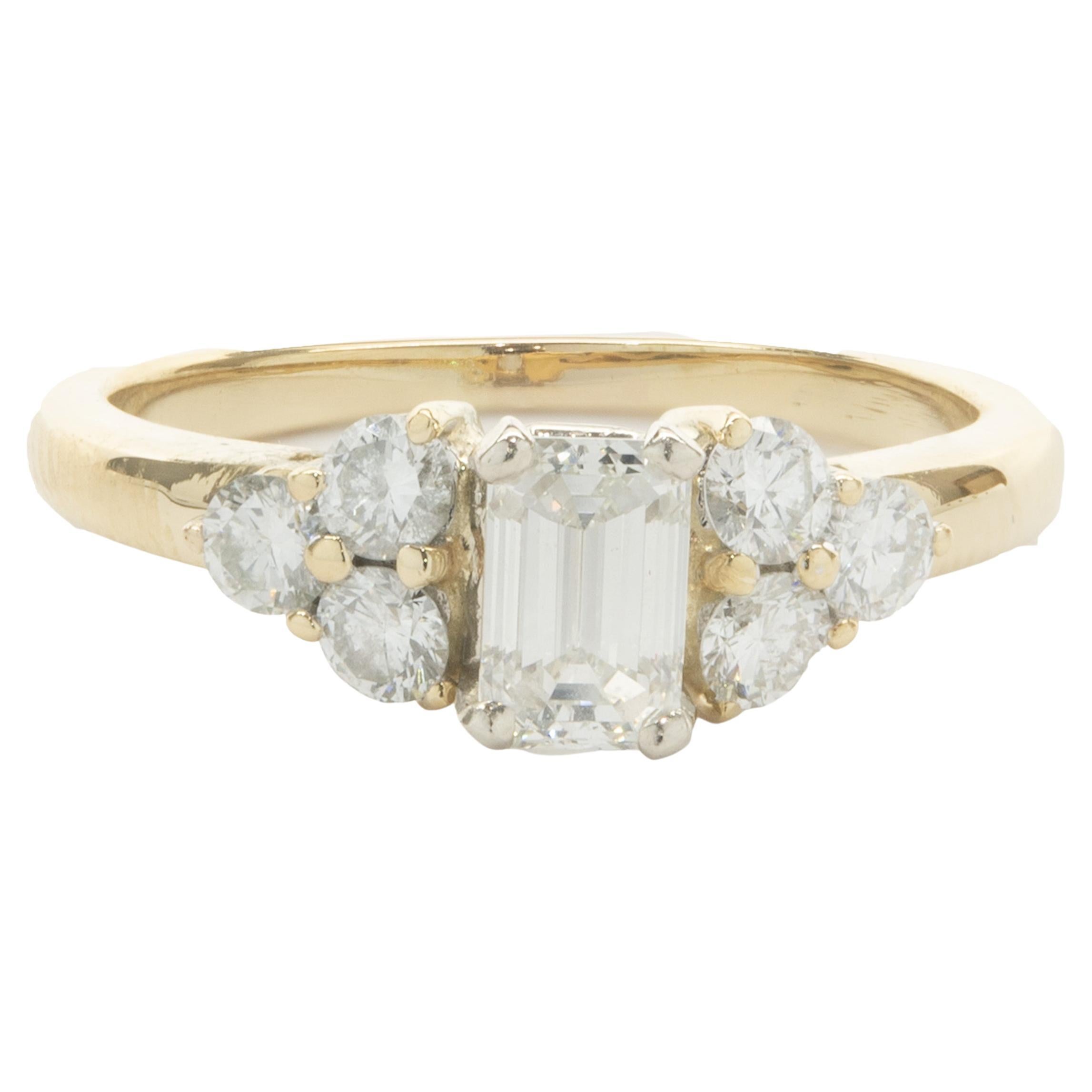 14 Karat Yellow Gold Emerald Cut Diamond Engagement Ring For Sale