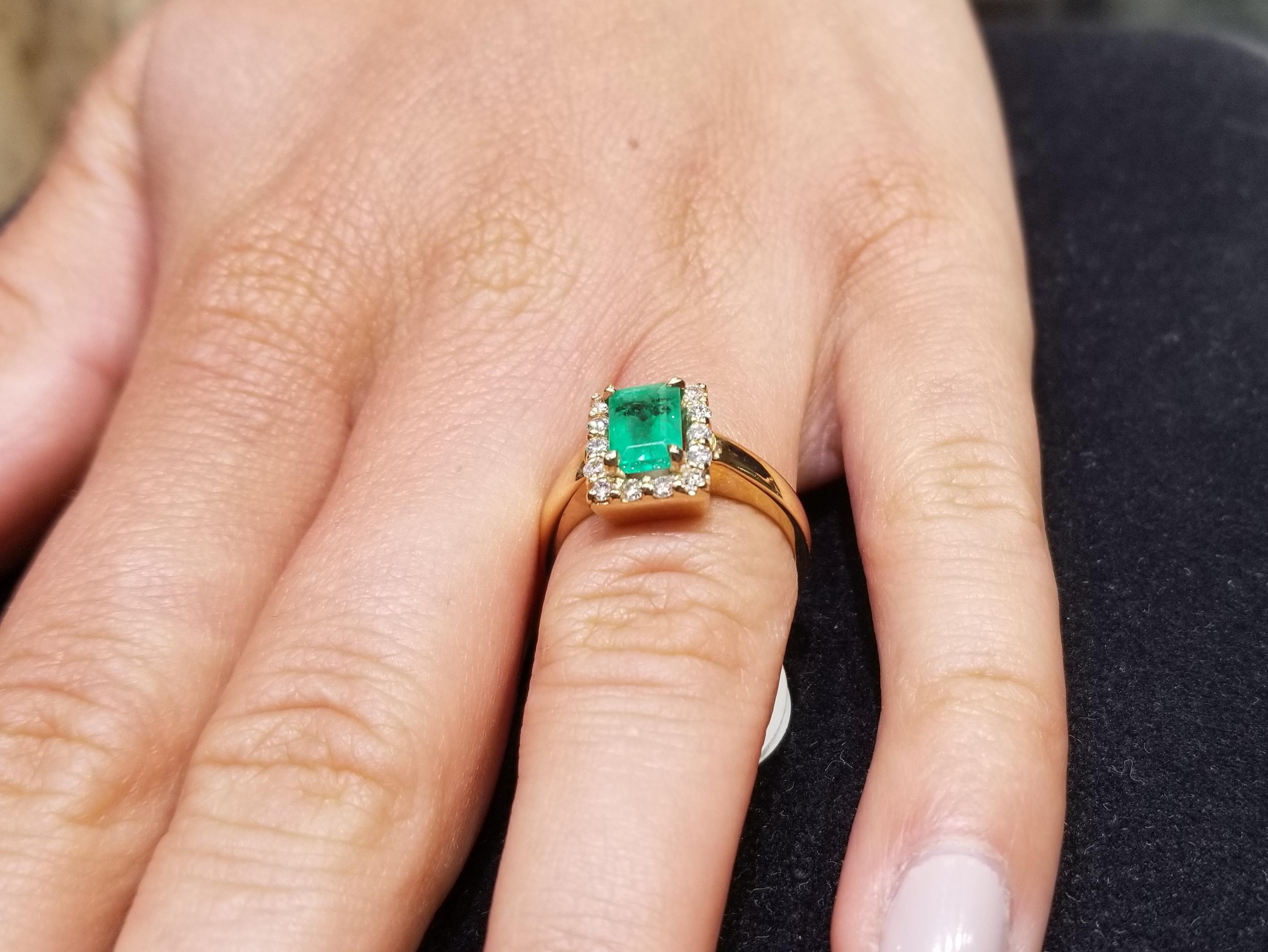 14 Karat Yellow Gold Emerald Cut Emerald and Diamond Ring For Sale 6
