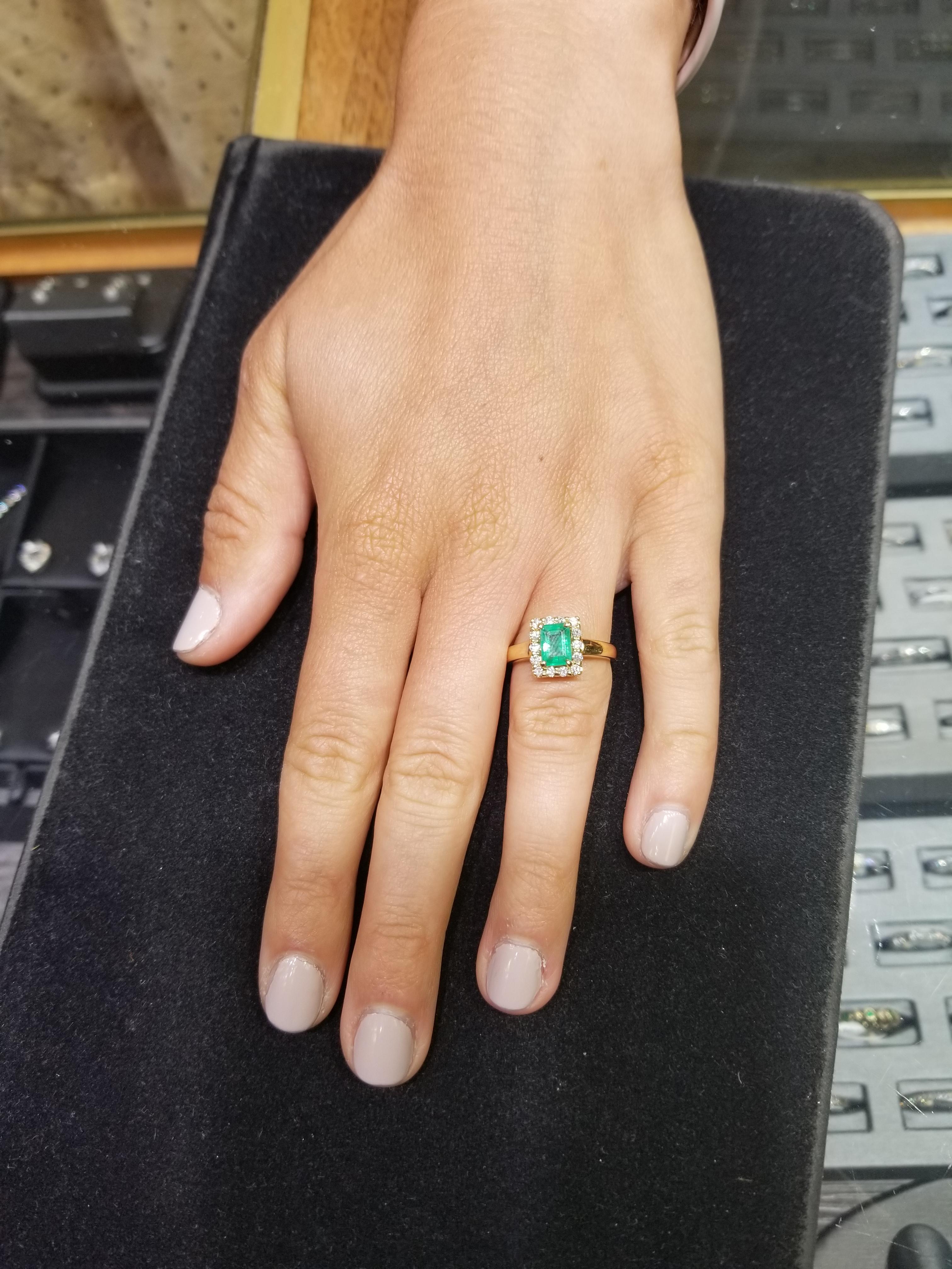 14 Karat Yellow Gold Emerald Cut Emerald and Diamond Ring For Sale 4
