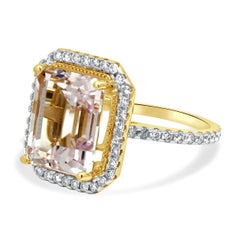 14 Karat Yellow Gold Emerald Cut Kunzite and Round Diamond Halo Ring