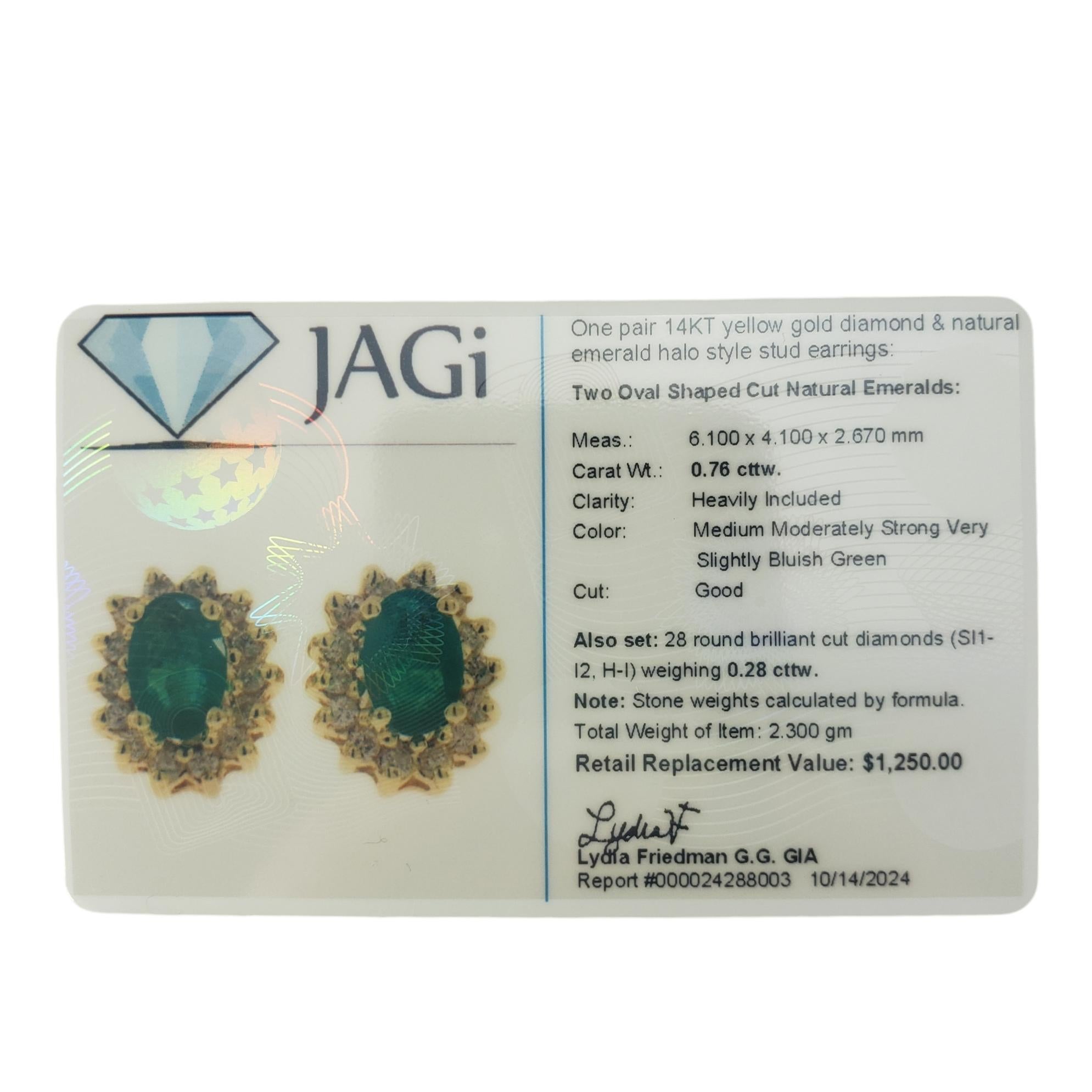 14 Karat Yellow Gold Emerald Diamond Halo Stud Earrings  #19463 For Sale 4