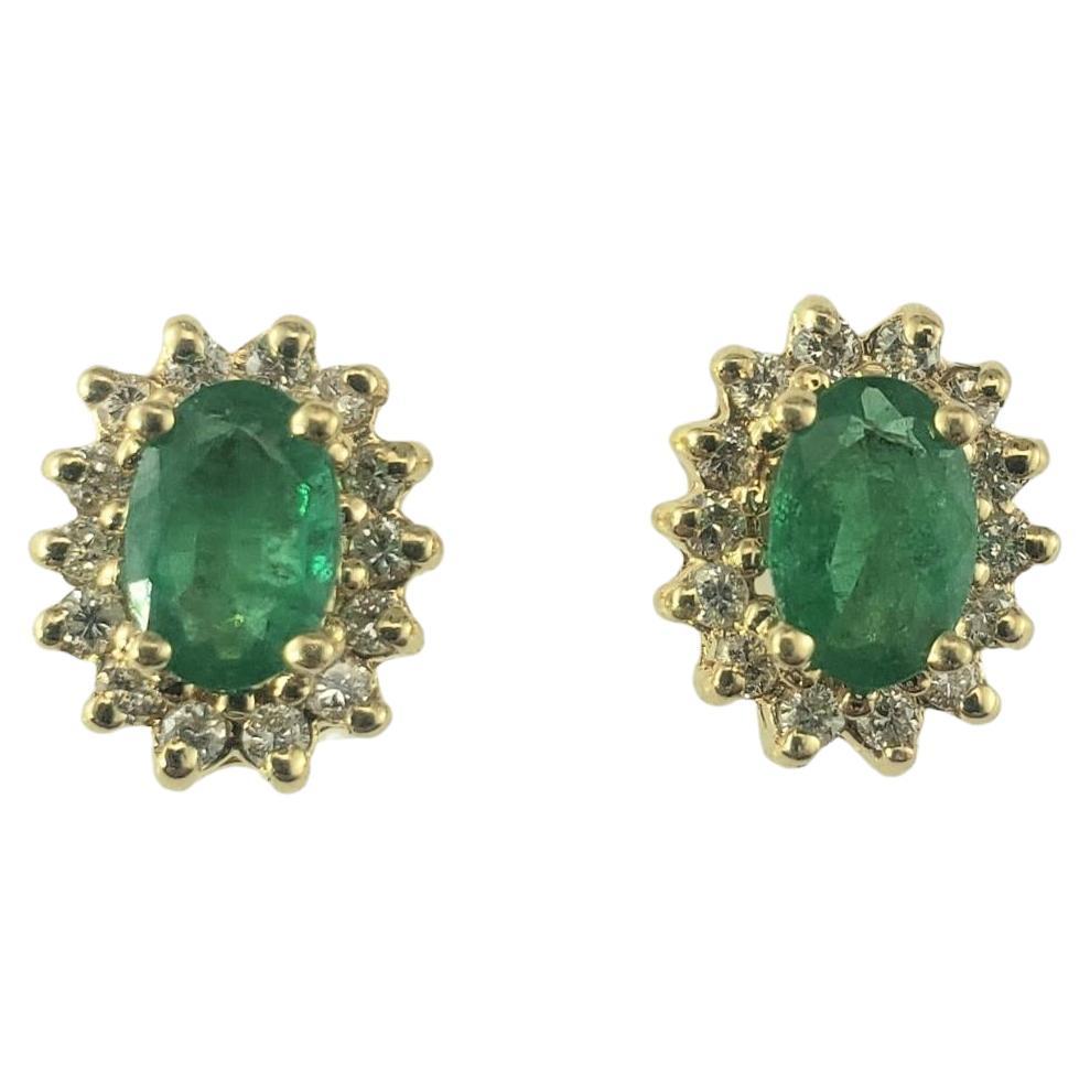 14 Karat Yellow Gold Emerald Diamond Halo Stud Earrings  #19463