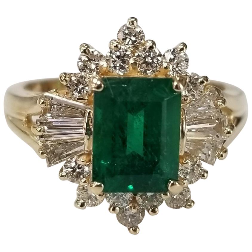 GIA Certified Emerald 14 Karat Yellow Gold Emerald Diamond Ring