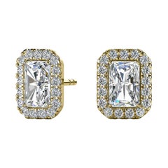 Used 14 Karat Yellow Gold Emerald Halo Diamond Earrings '1 1/2 Carat'