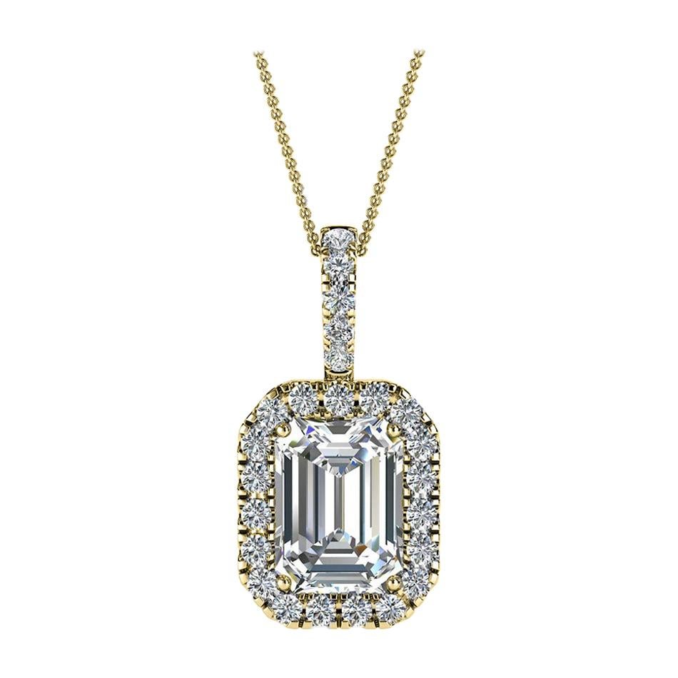 14 Karat Yellow Gold Emerald Halo Diamond Pendant '3/4 Carat' For Sale