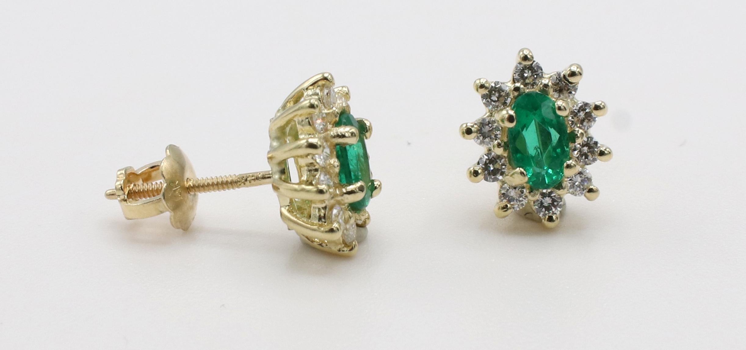 14 Karat Yellow Gold Emerald & Natural Diamond Halo Stud Earrings 
Metal: 14k yellow gold
Weight: 1.70 grams
Diamonds: Approx. .20 CTW G-H VS natural round diamonds
Emeralds: 5 x 3mm 
Dimensions: 9.5 x 8mm
Backs: Screw backs
