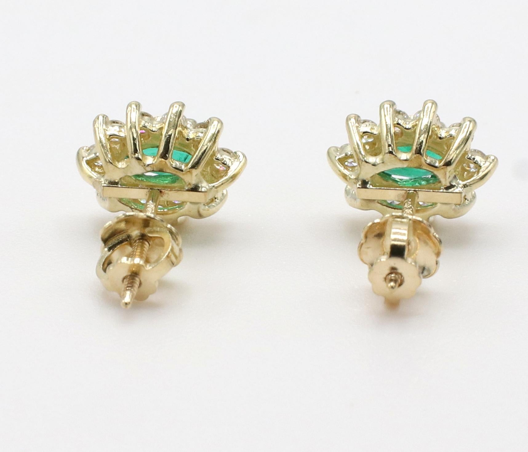 Modern 14 Karat Yellow Gold Emerald & Natural Diamond Halo Stud Earrings 