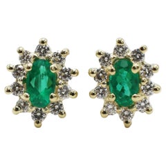 14 Karat Yellow Gold Emerald & Natural Diamond Halo Stud Earrings 