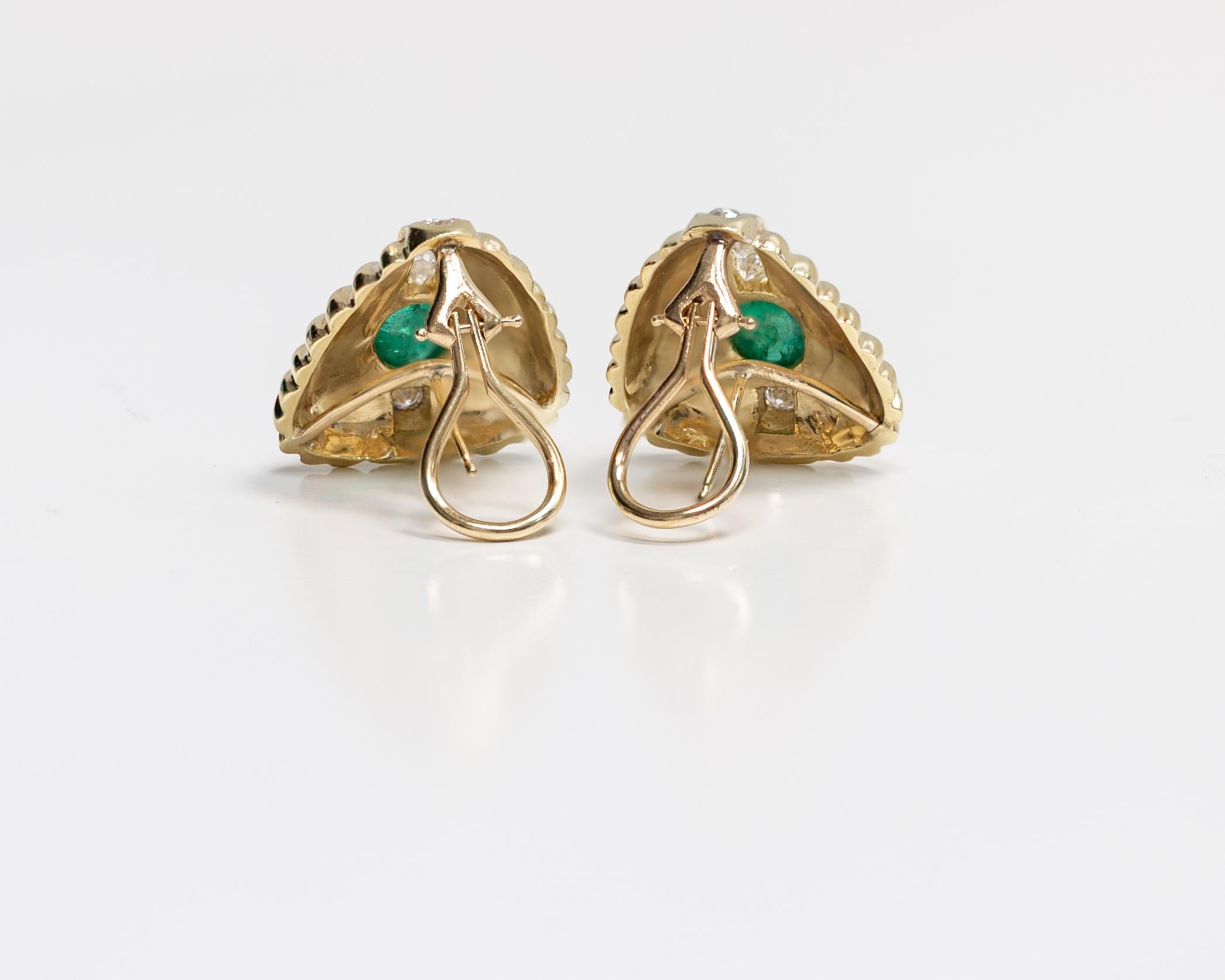 Women's 14 Karat Yellow Gold Emerald Pair of Earrings with Diamonds For Sale