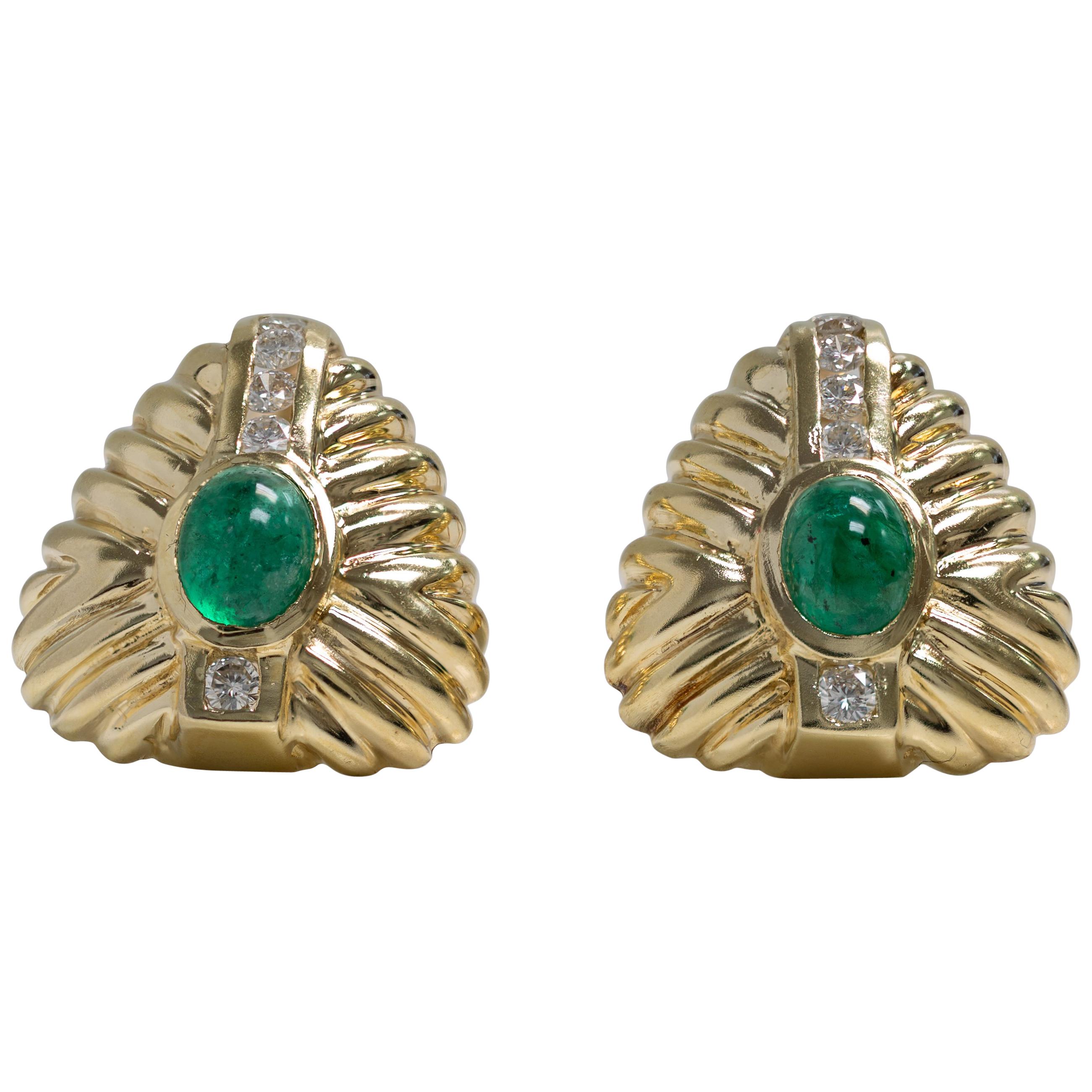 14 Karat Yellow Gold Emerald Pair of Earrings with Diamonds For Sale