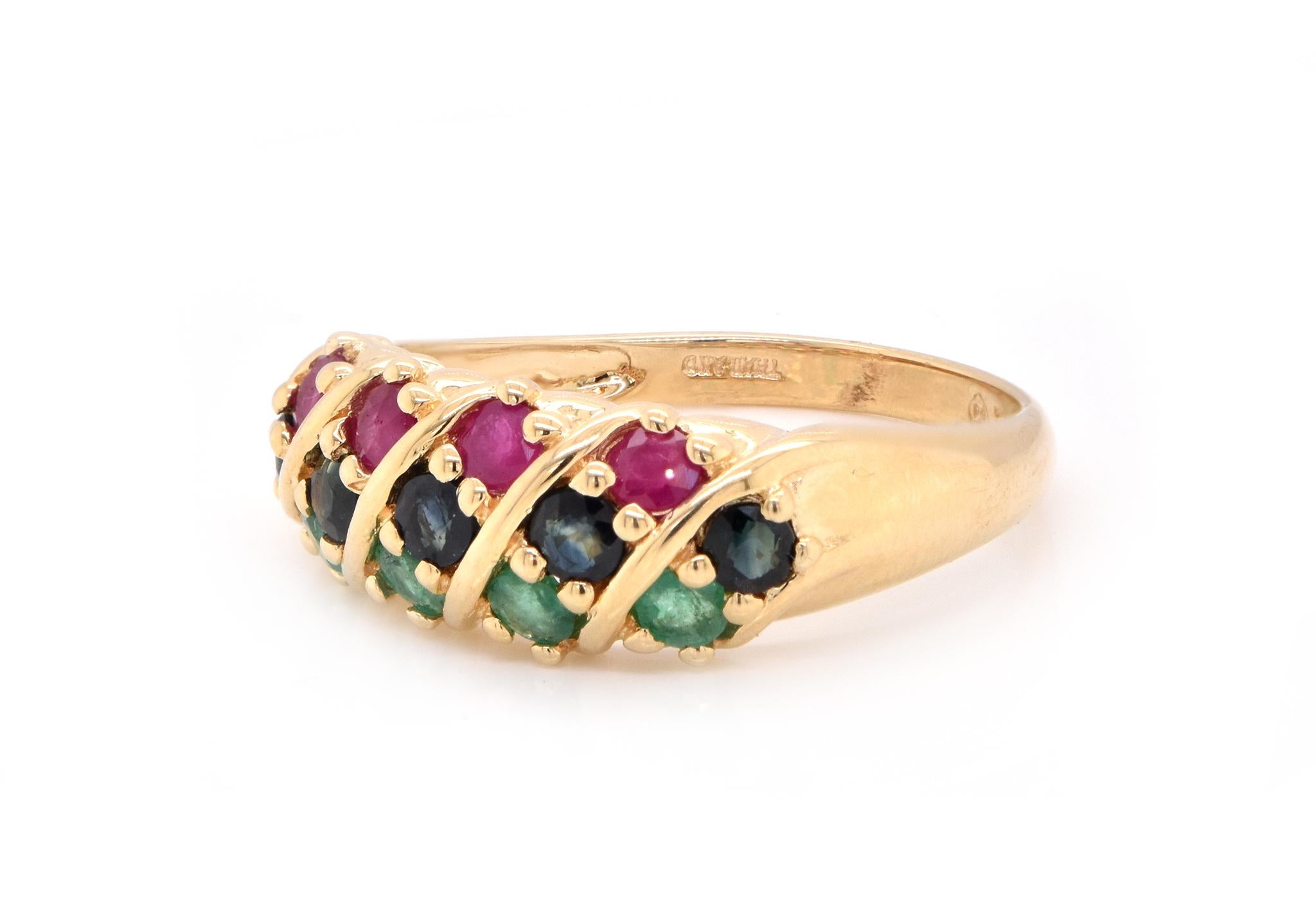 Round Cut 14 Karat Yellow Gold Emerald, Sapphire, and Ruby Ring