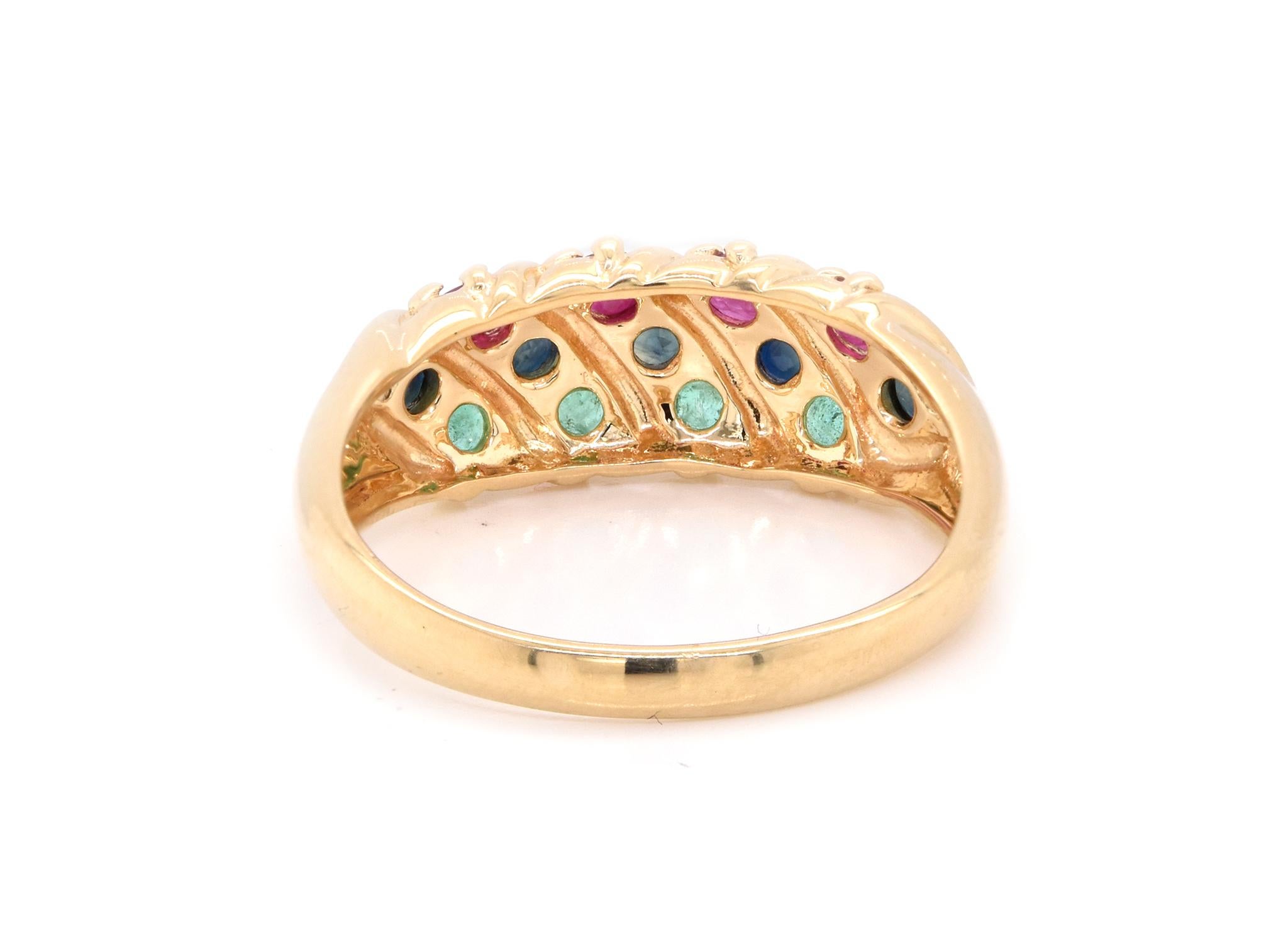 14 Karat Yellow Gold Emerald, Sapphire, and Ruby Ring In Excellent Condition In Scottsdale, AZ