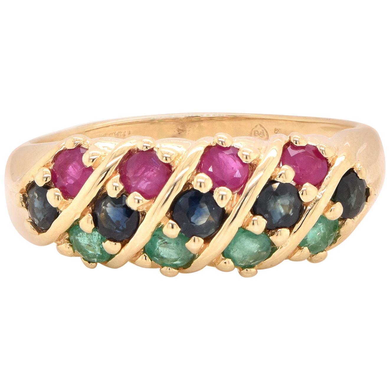 14 Karat Yellow Gold Emerald, Sapphire, and Ruby Ring