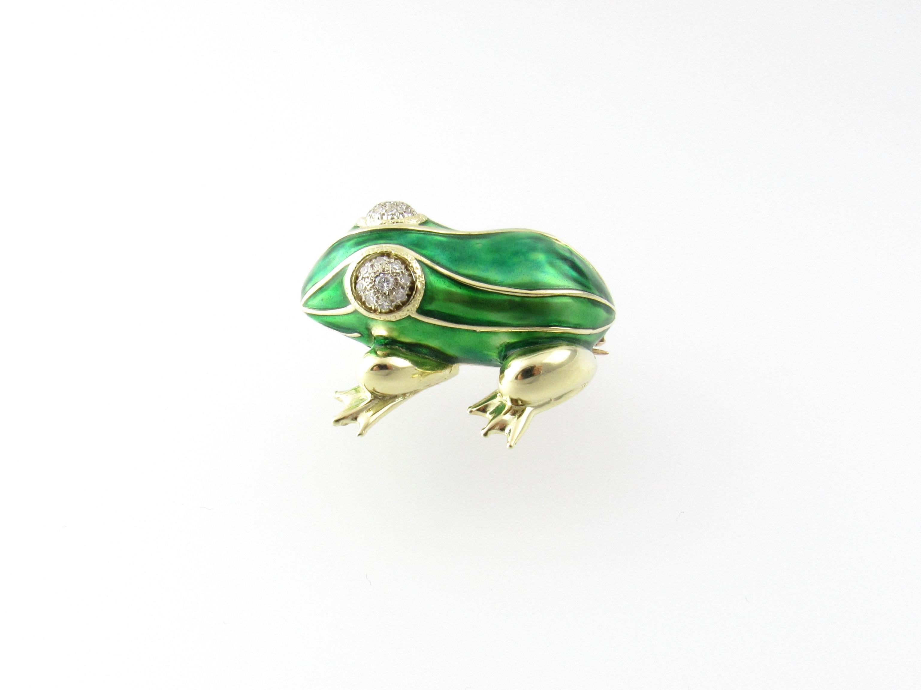 Vintage 14 Karat Yellow Gold, Enamel and Diamond Frog Pin/Brooch

This stunning brooch features a 3D frog decorated with green enamel and 18 round single cut diamonds set in classic 14K yellow gold.

Actual total diamond weight: .24 ct.

Diamond